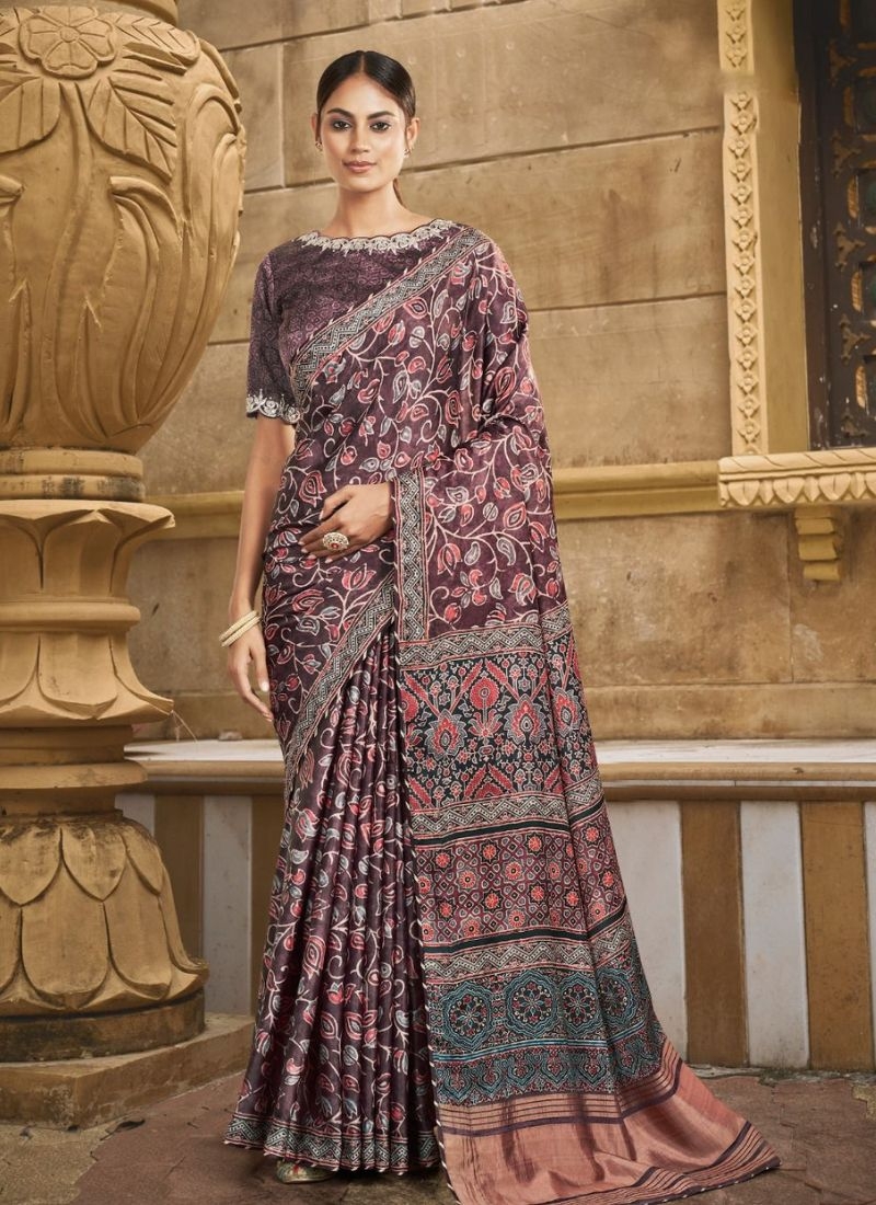 Stunning silk saree with floral printed handwork embroidery in wine