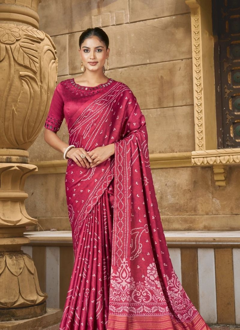 Stunning silk saree with stone work and mirror hand work  in dark pink