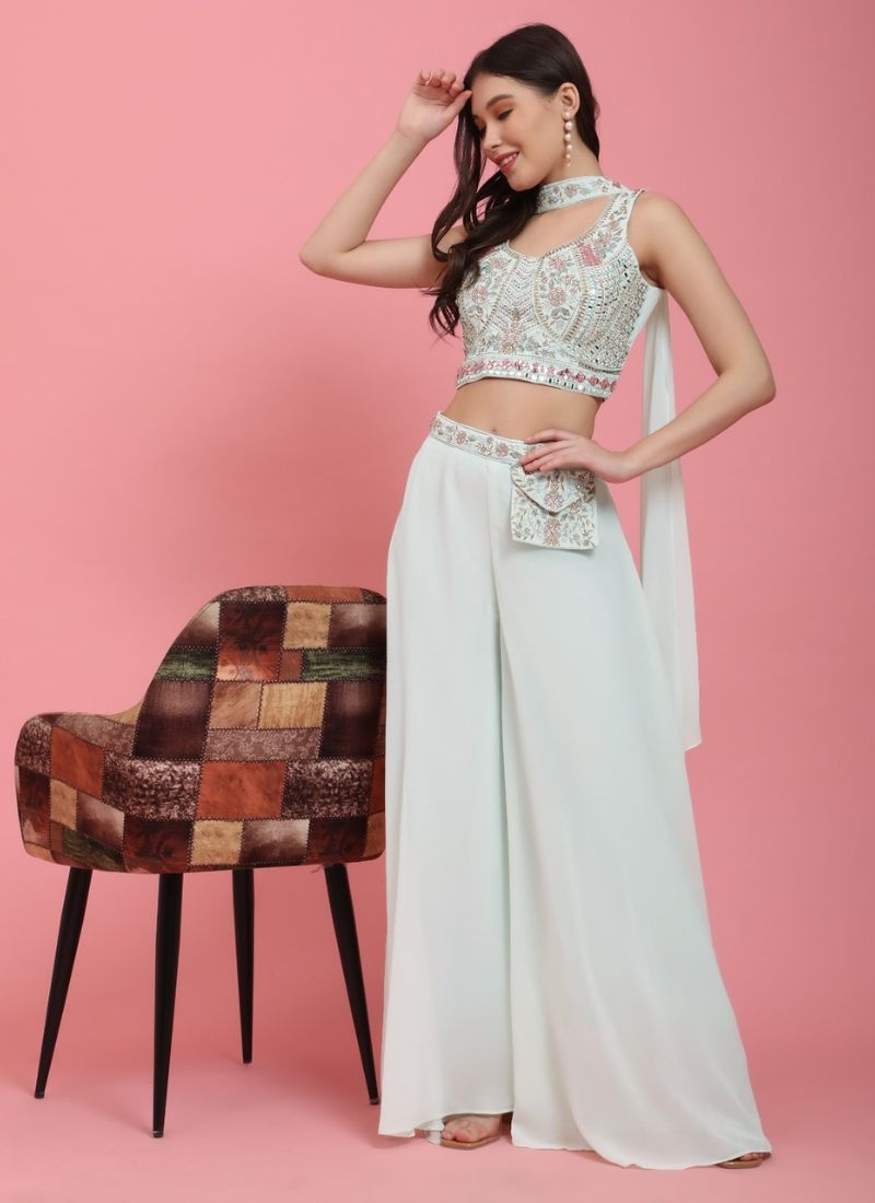 Premium georgette crop top palazzo set with heavy mirror embroidery in white