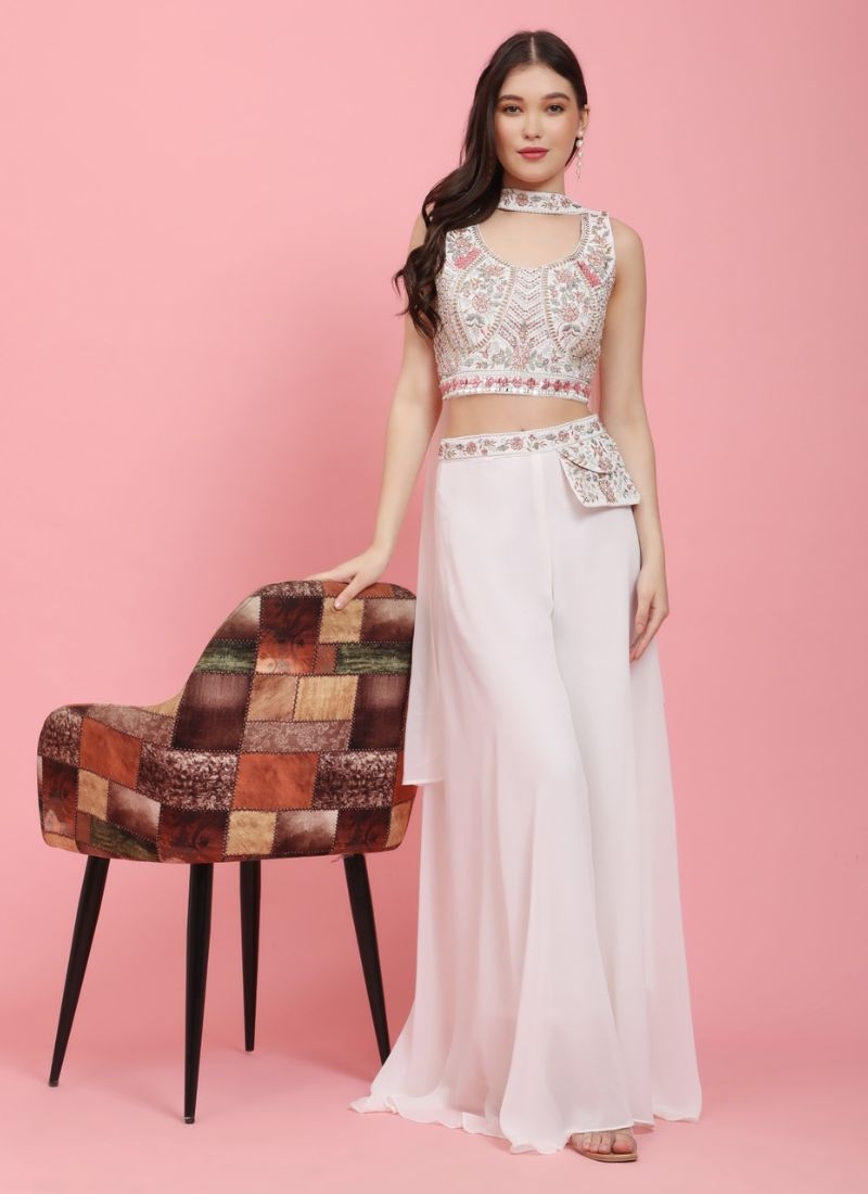 Premium georgette crop top palazzo set with heavy mirror embroidery in baby pink