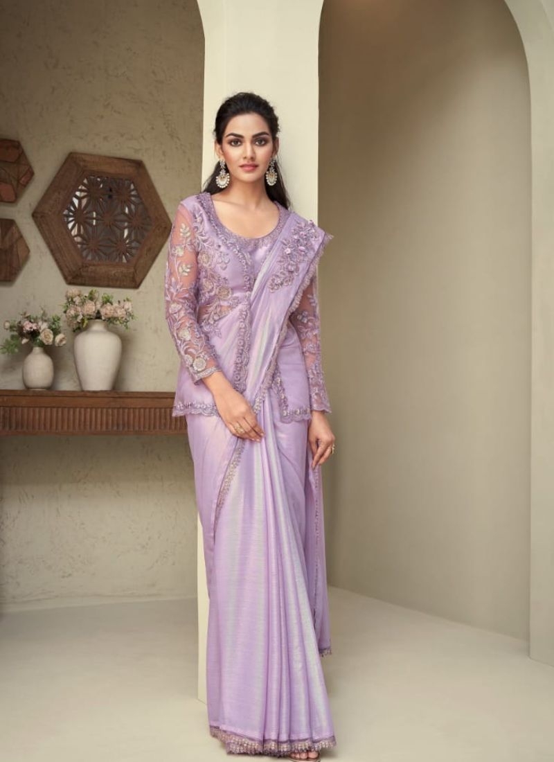 Beautiful chiffon silk saree with cut work border in purple