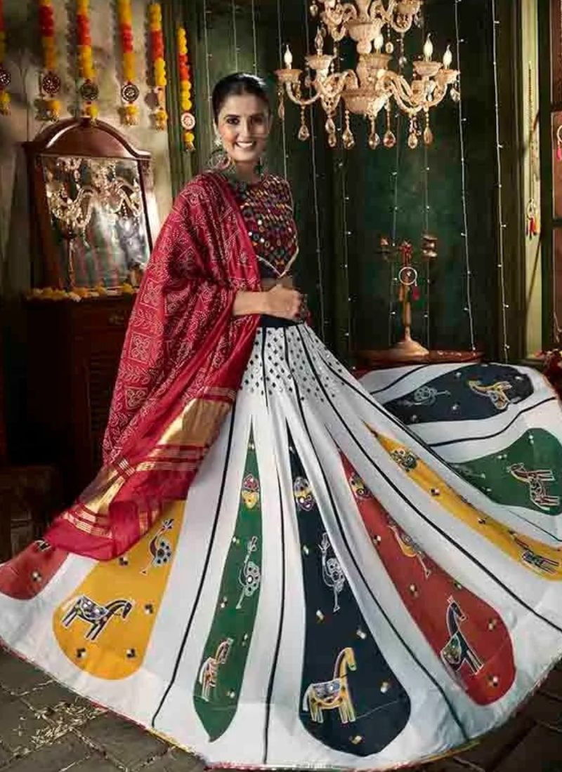 Navratri special cotton lehenga with printed blouse in white