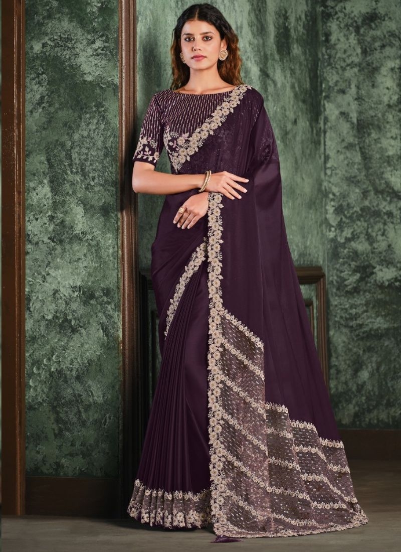 Premium silk georgette saree with thread embroidery in wine