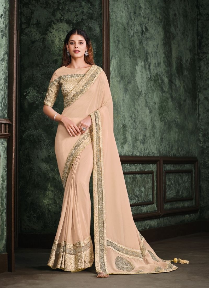 Premium zari work saree with stone work embroidery in beige