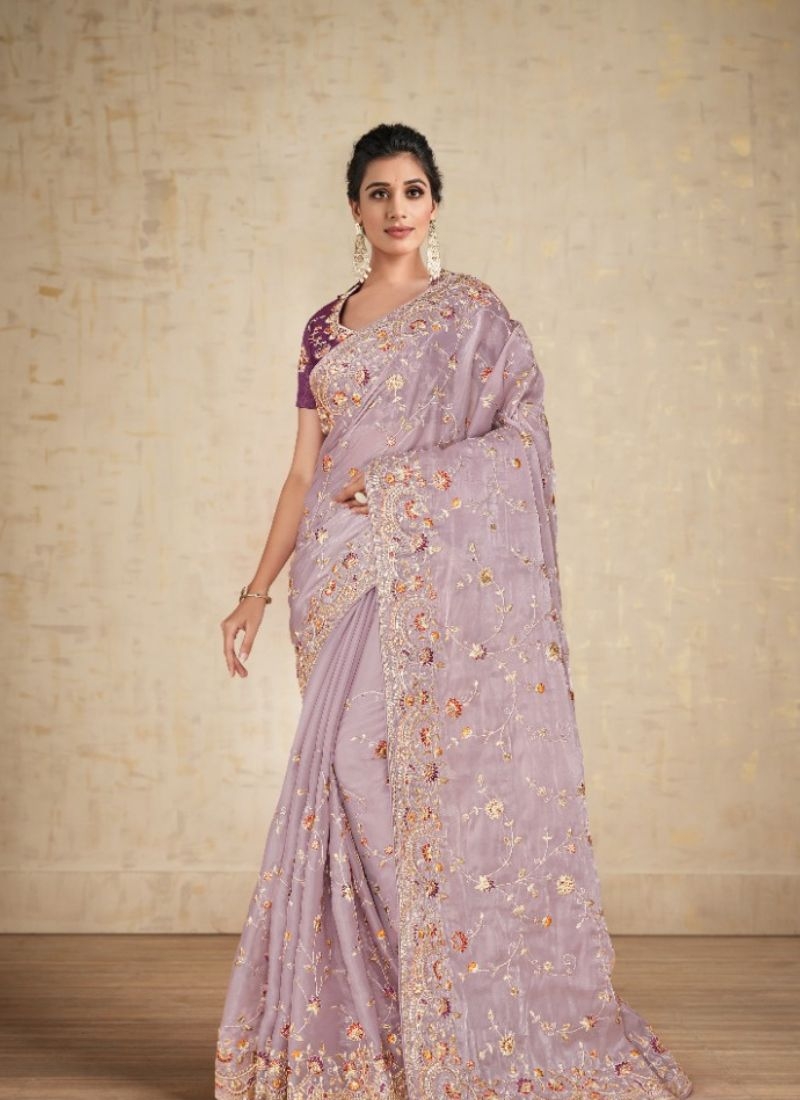 Premium satin silk saree with floral embroidery light purple