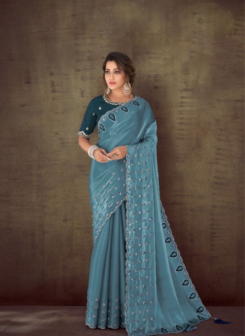 Premium satin organza saree with embroidered border in blue