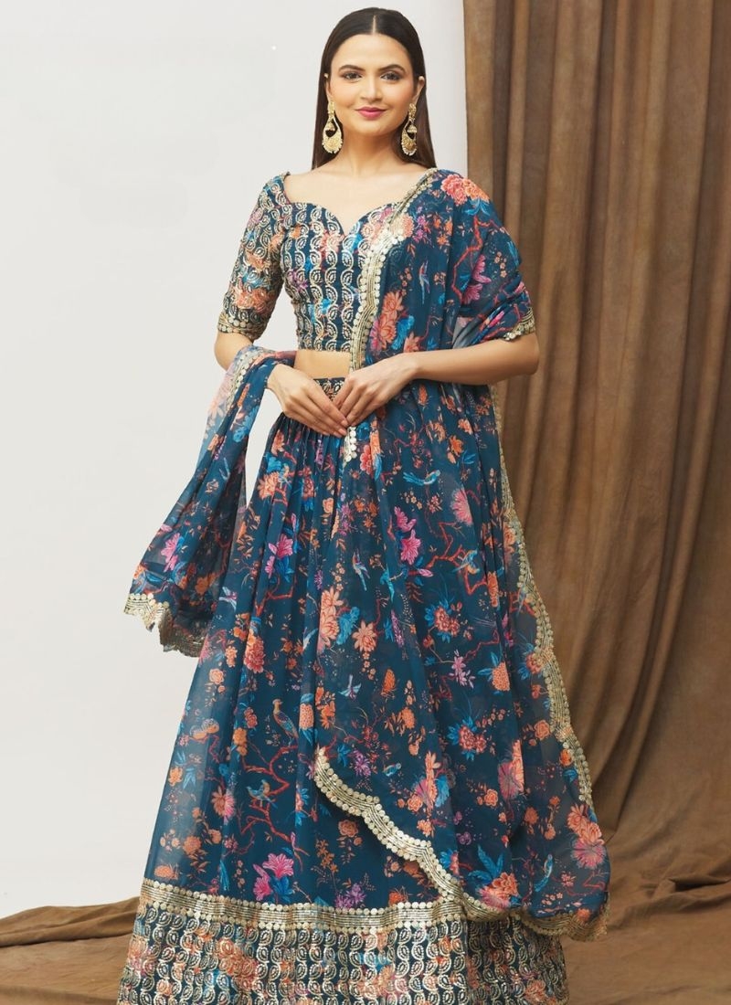 Stunning faux georgette lehanga with zari embroidery in dark blue