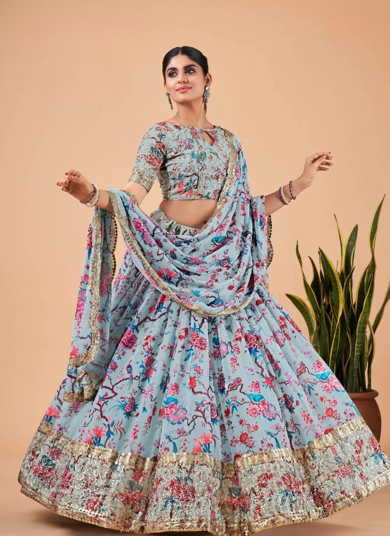 Stunning faux georgette lehanga with zari embroidery in light blue