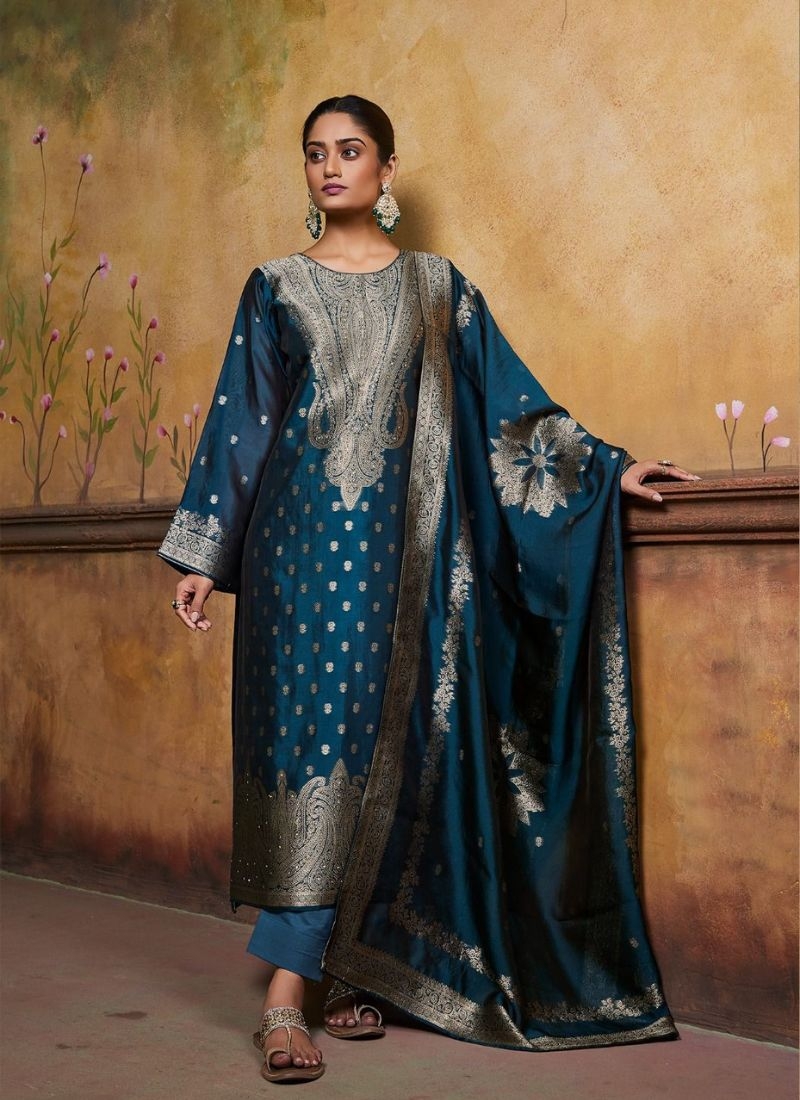 Stunning banglory silk kurta pant suit with jacquard printing dark blue