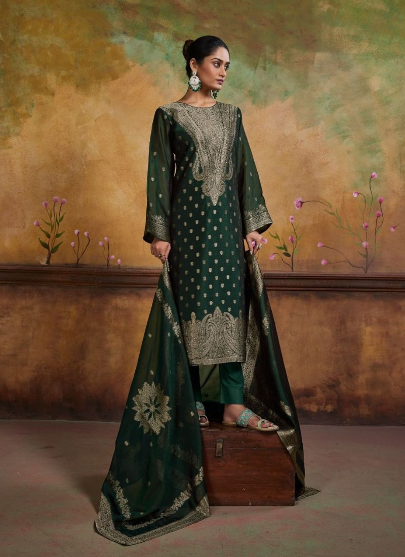 Stunning banglory silk kurta pant suit with jacquard printing dark green