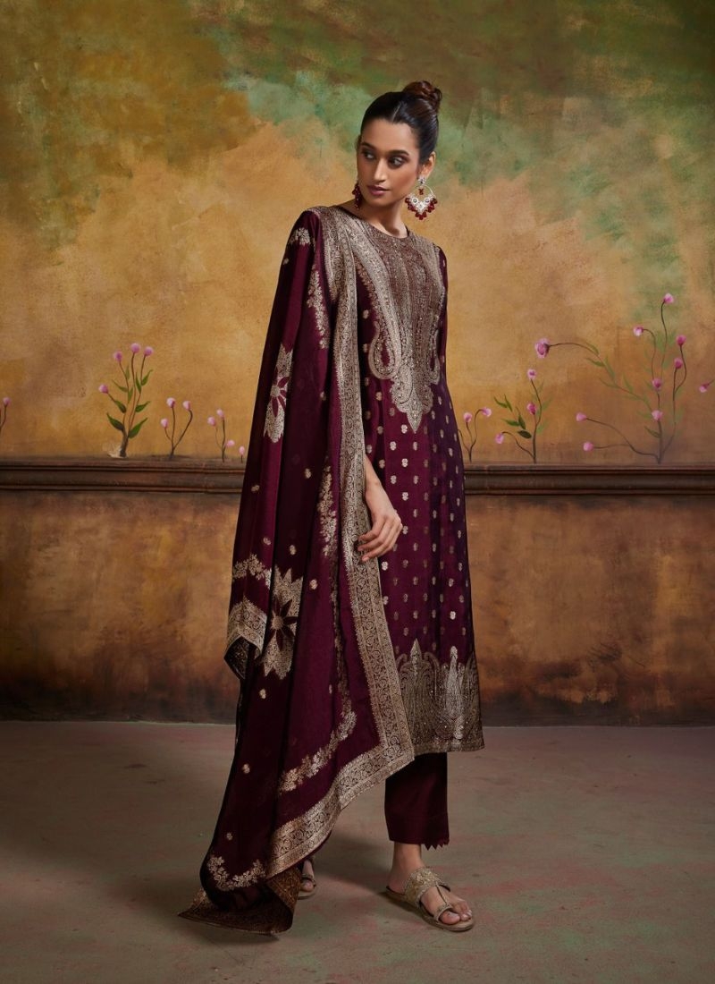 Stunning banglory silk kurta pant suit with jacquard printing wine