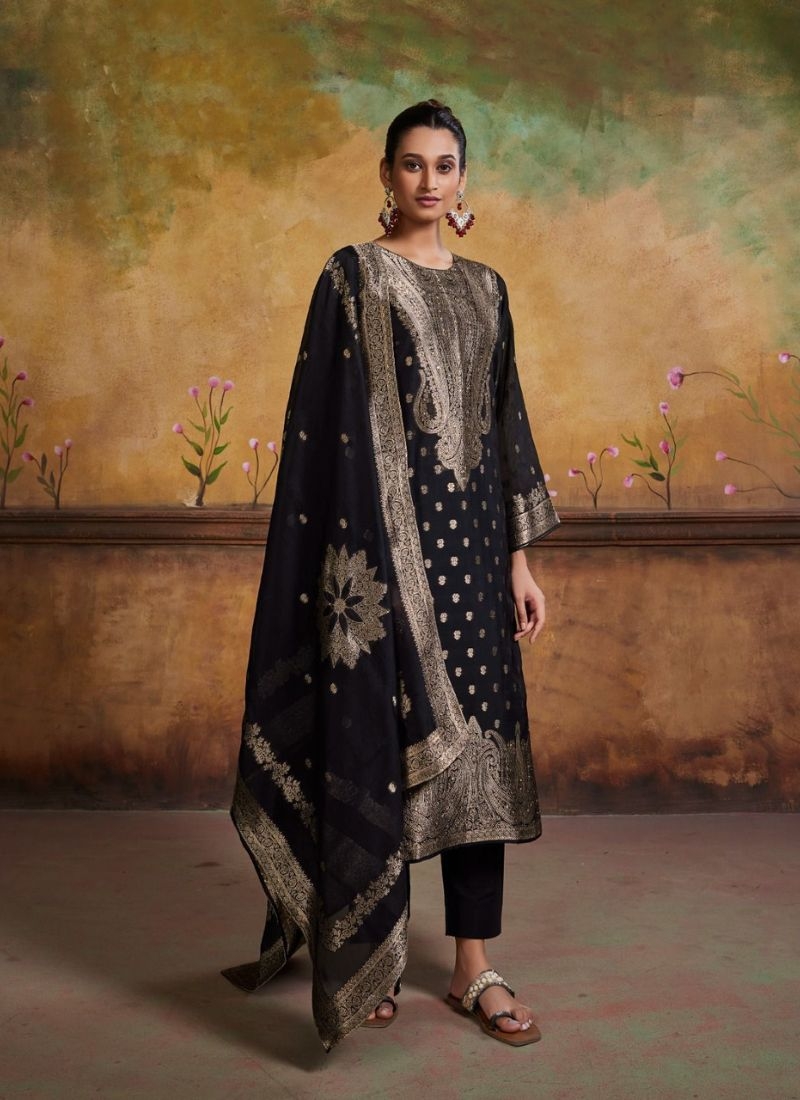 Stunning banglory silk kurta pant suit with jacquard printing black