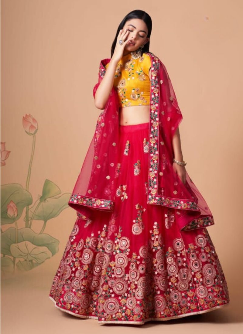 Soft net embroidered lehenga choli with mirror embroidery in red