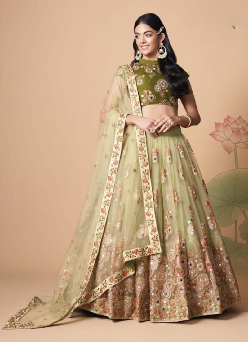 Soft net embroidered lehenga choli with mirror embroidery in light green