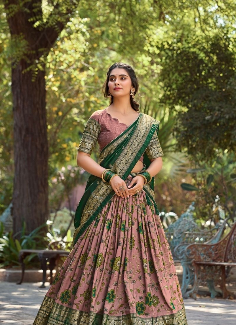 Exquisite Kalamkari Tussar Silk Lehenga Choli Set in green