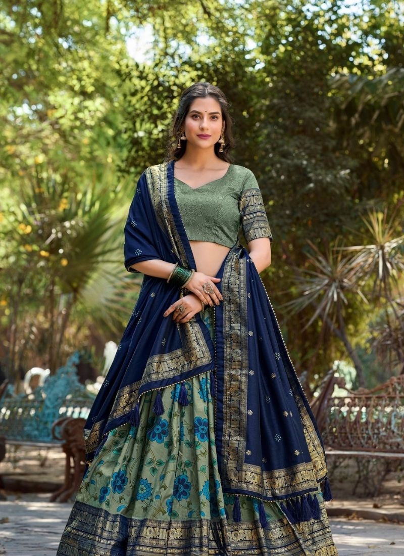 Exquisite Kalamkari Tussar Silk Lehenga Choli Set in dark blue