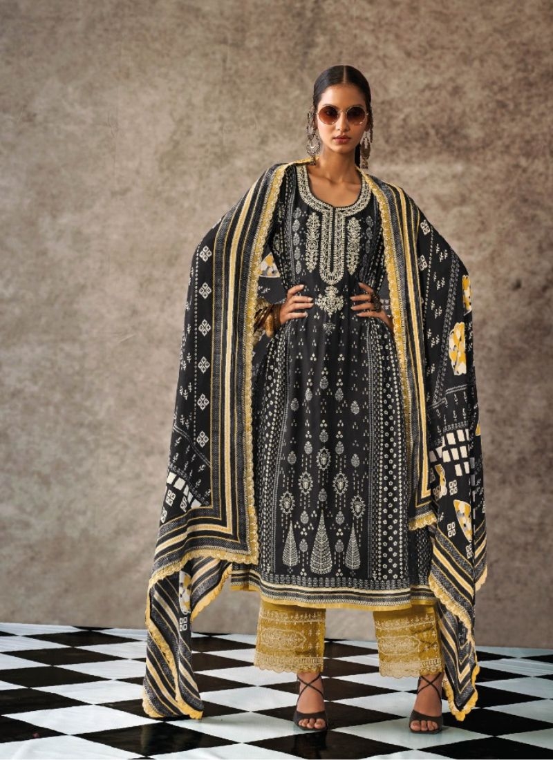 Stunning pure muslin palazzo suit with digital printing in black