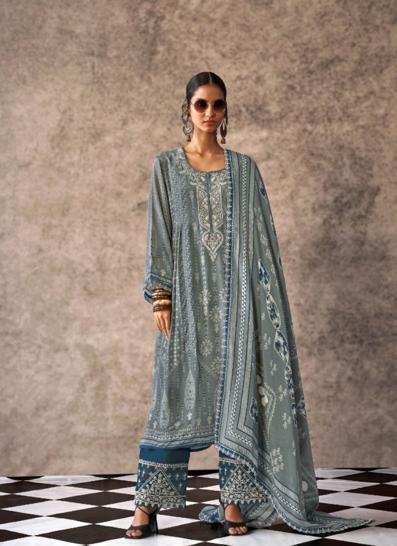 Stunning pure muslin palazzo suit with digital printing in blue