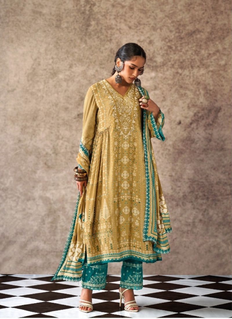 Stunning pure muslin palazzo suit with digital printing in yellow