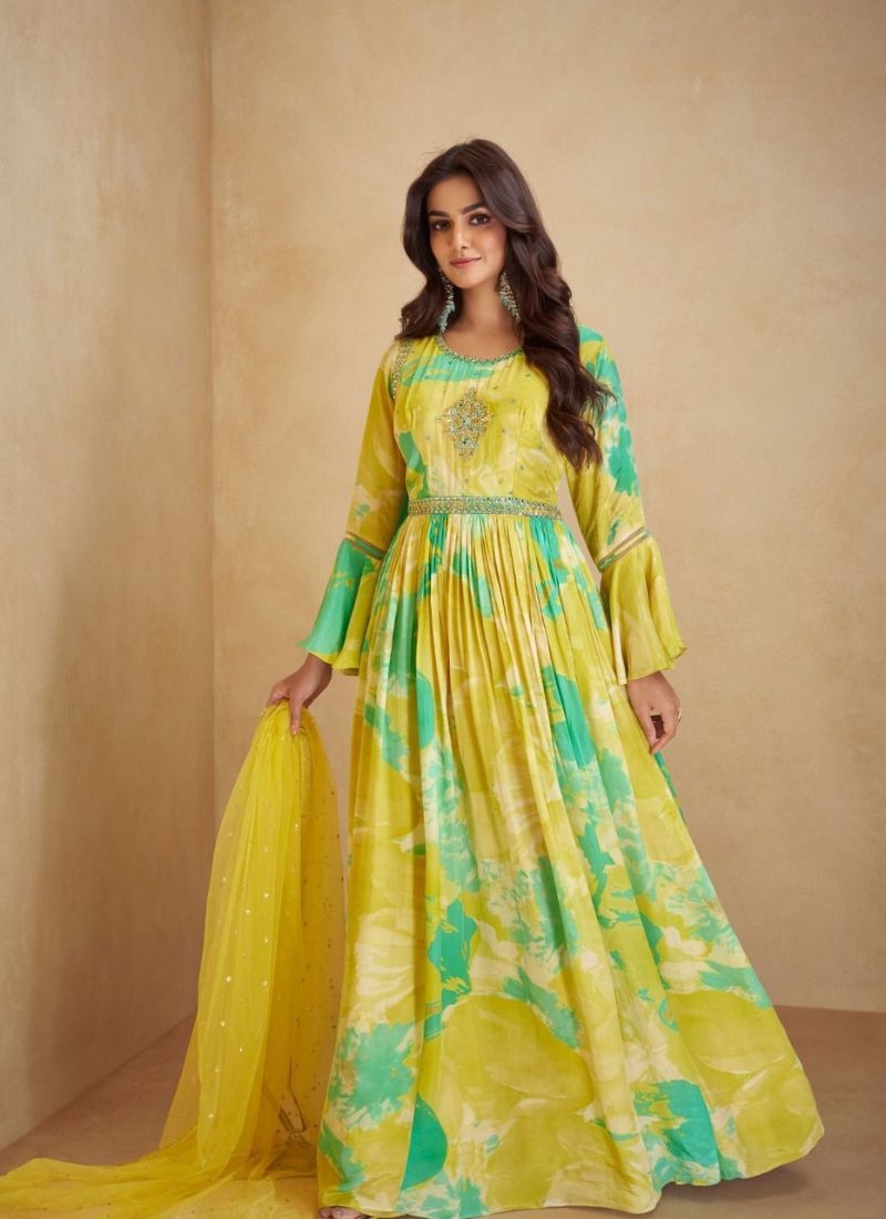 Beautiful anarkali suit with floral embroidery in yellow
