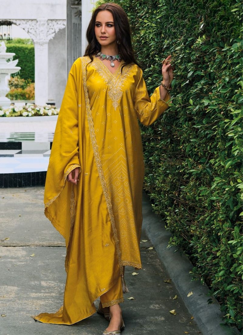 Trendy silk kurta pant suit with printed dupatta in yellow