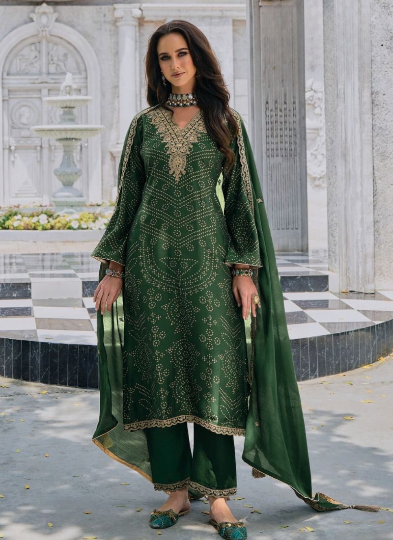 Trendy silk kurta pant suit with printed dupatta in dark green