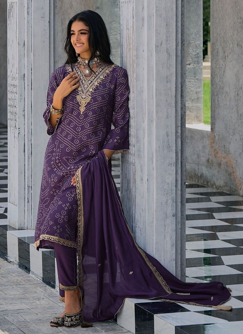 Trendy silk kurta pant suit with printed dupatta in dark violet