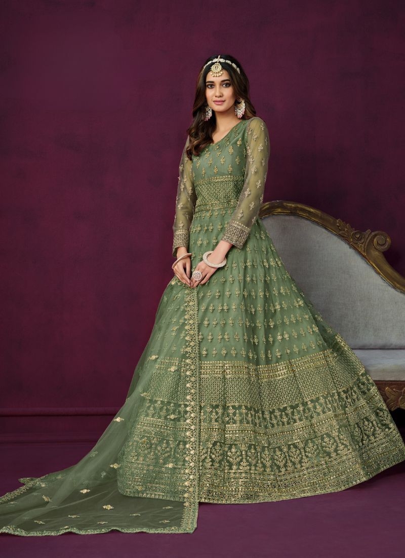 Exquisite anarkali suit with embroidered dupatta in green