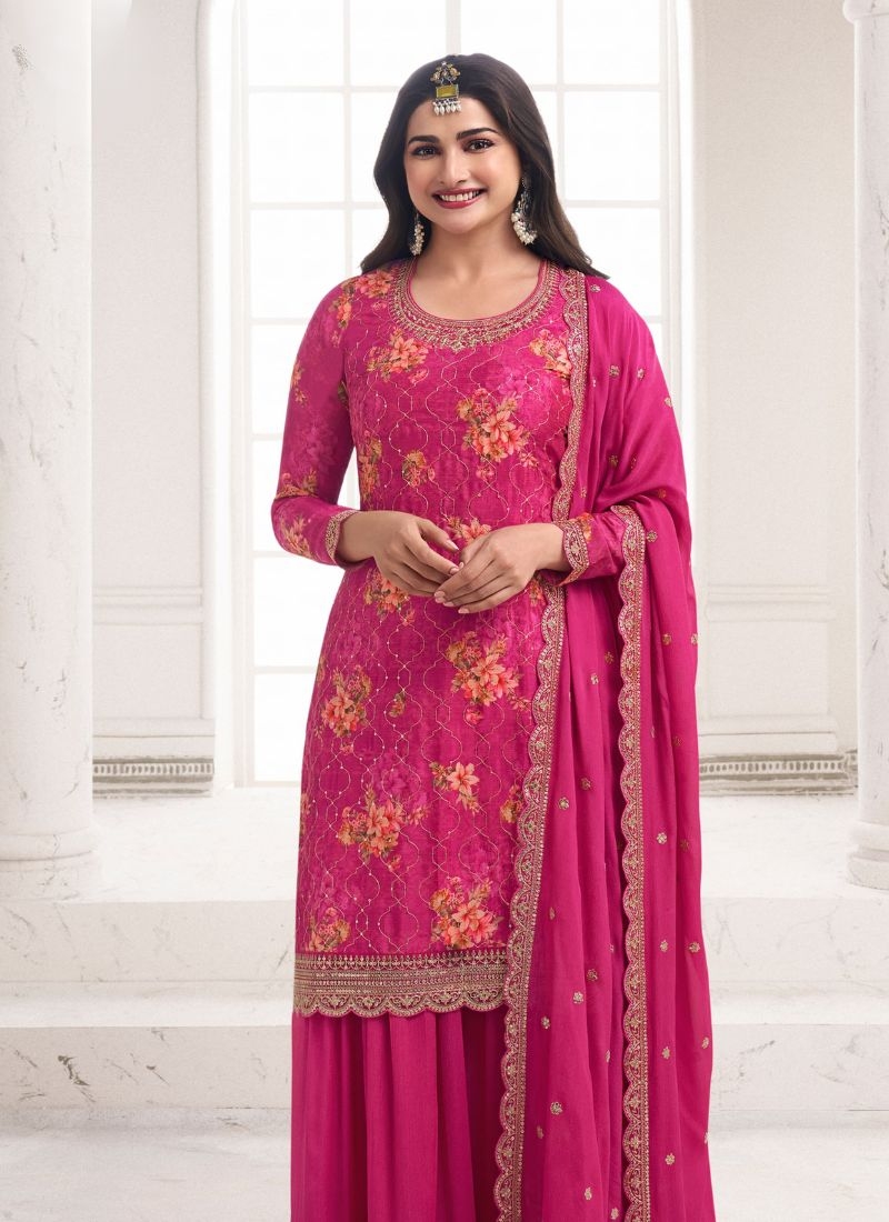 Pure chinon pant suit with embroidered dupatta in pink