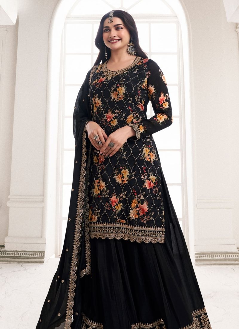 Pure chinon pant suit with embroidered dupatta in black