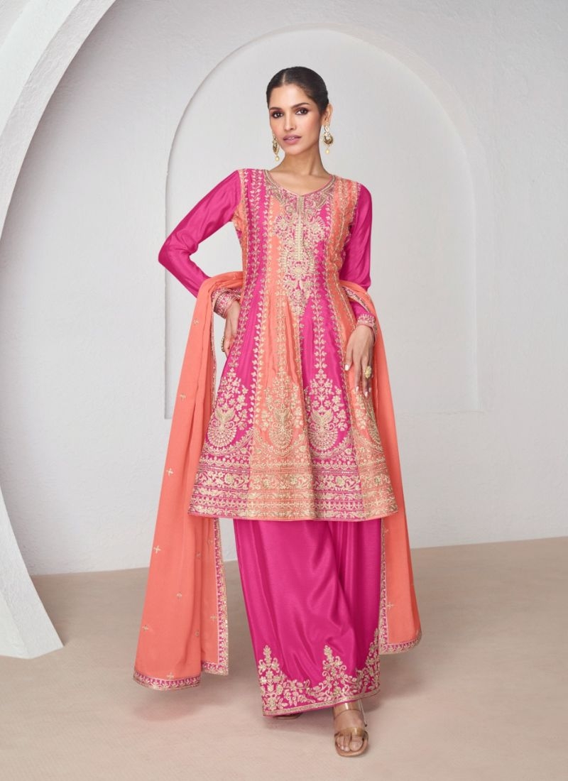 Premium Chinon sharara suit with embroidered dupatta  in pink