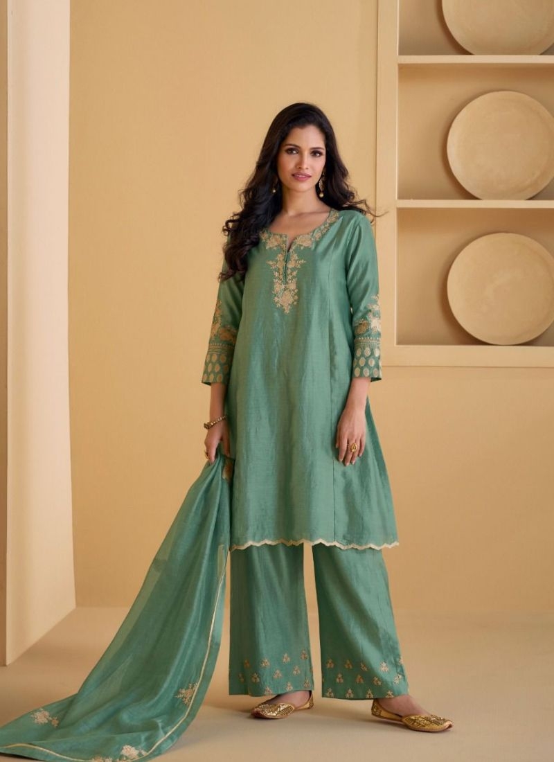 Beautiful casual wear palazzo suit with embroidered dupatta in green