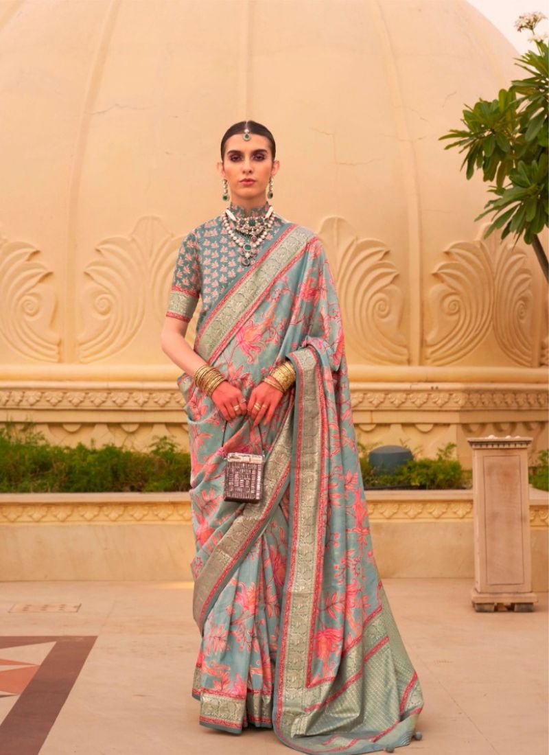 Simple silk saree with floral printing in green