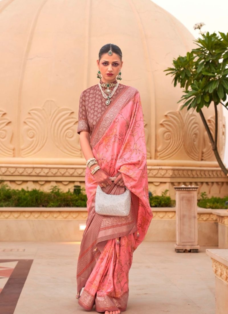 Simple silk saree with floral printing in peach