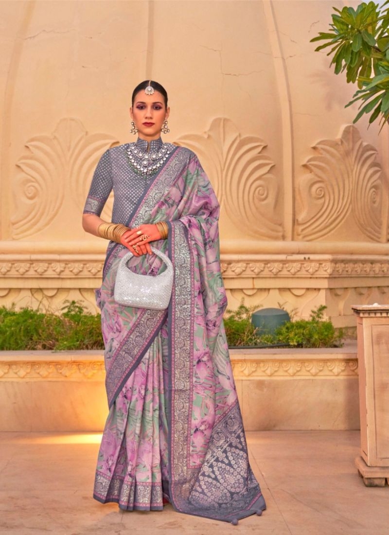 Simple silk saree with floral printing in purple