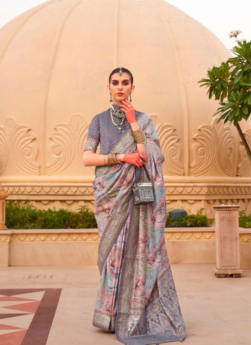 Simple silk saree with floral printing in slate grey