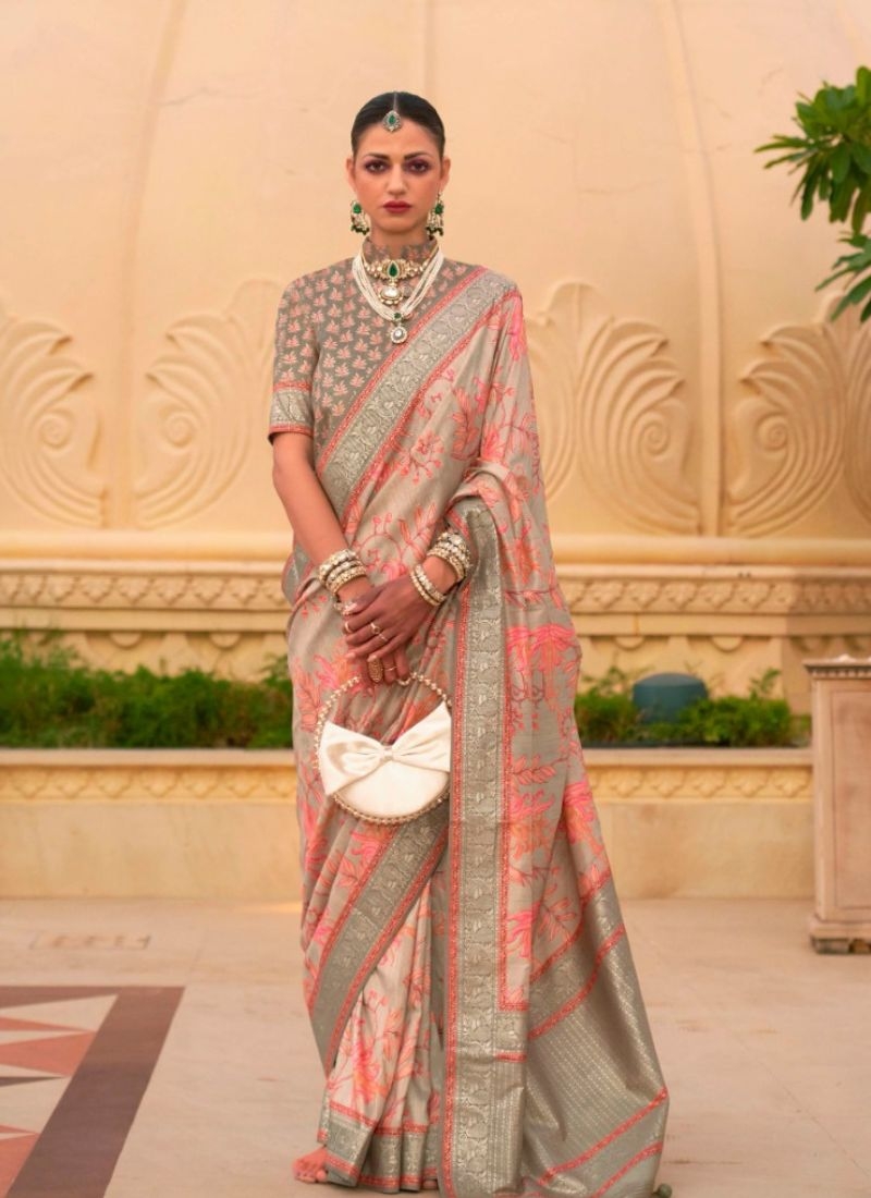 Simple silk saree with floral printing in beige