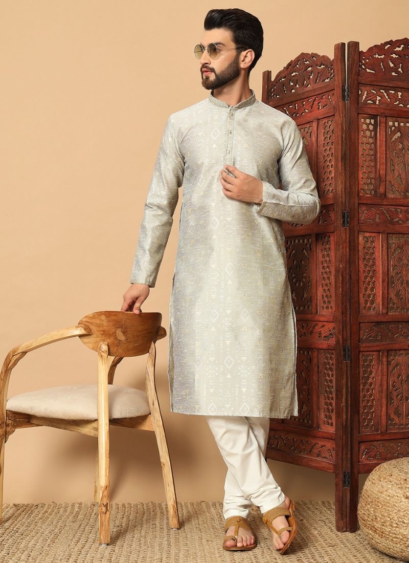 New jacquard kurta pajama suit for men in light grey