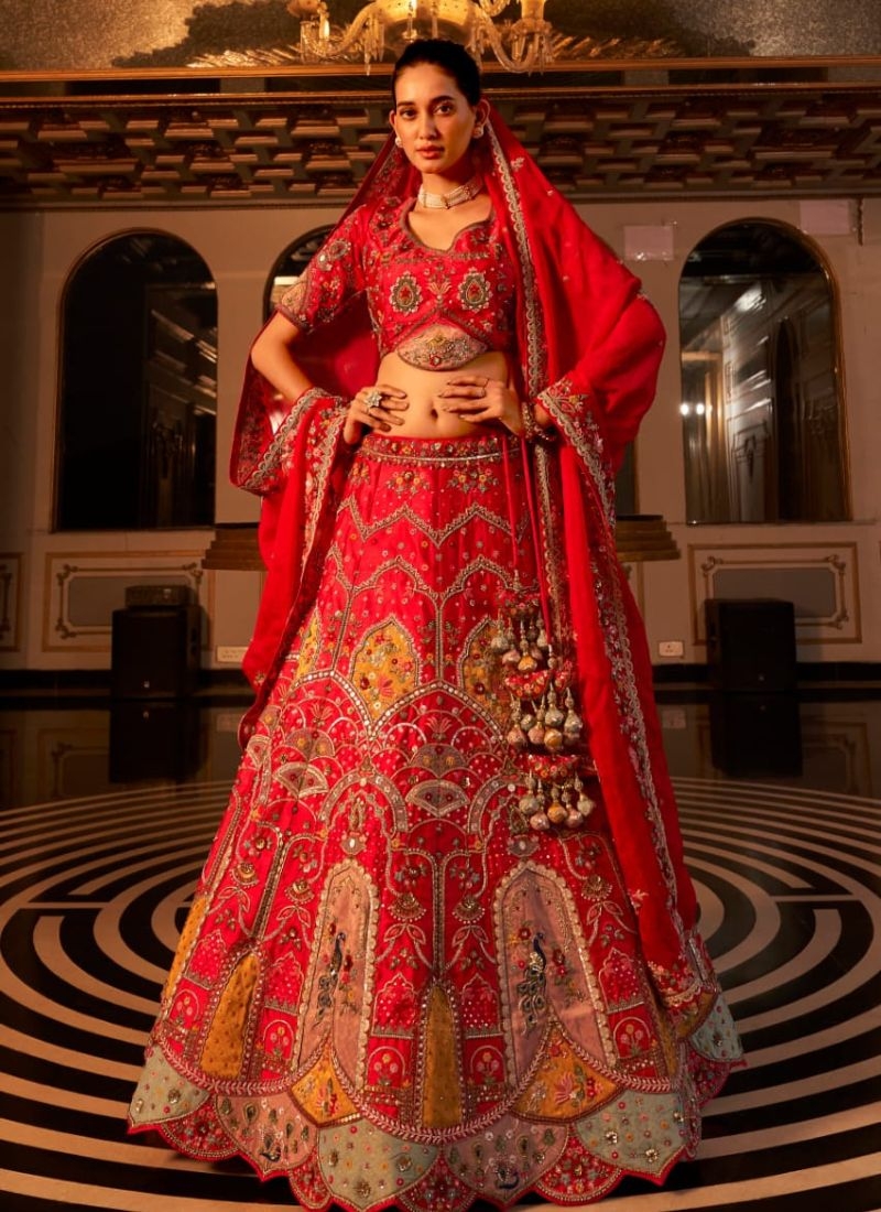 Designer lehenga with organza dupatta in red