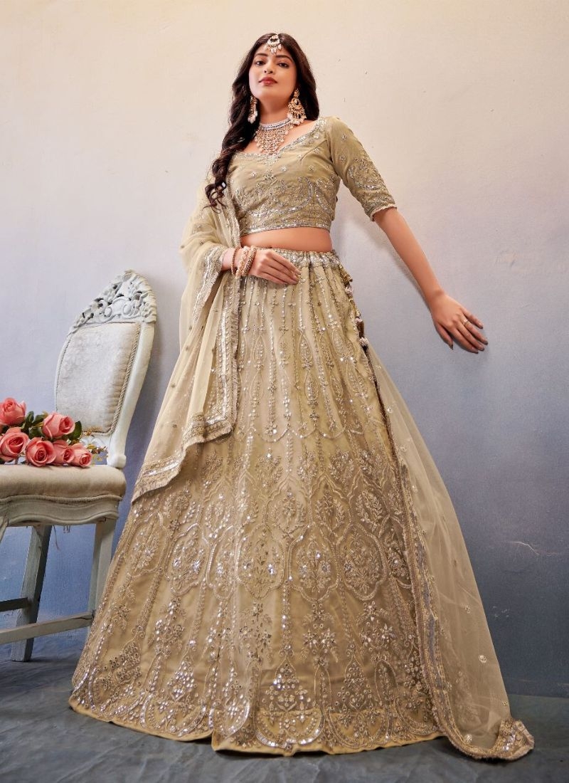 Stunning butterfly net lehenga choli with stone embroidery in beige