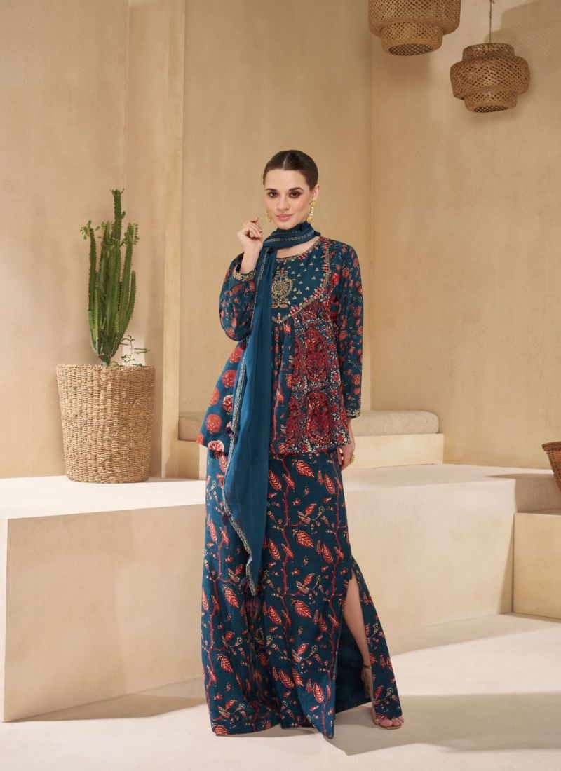 Trendy sharara set with floral printing in dark blue