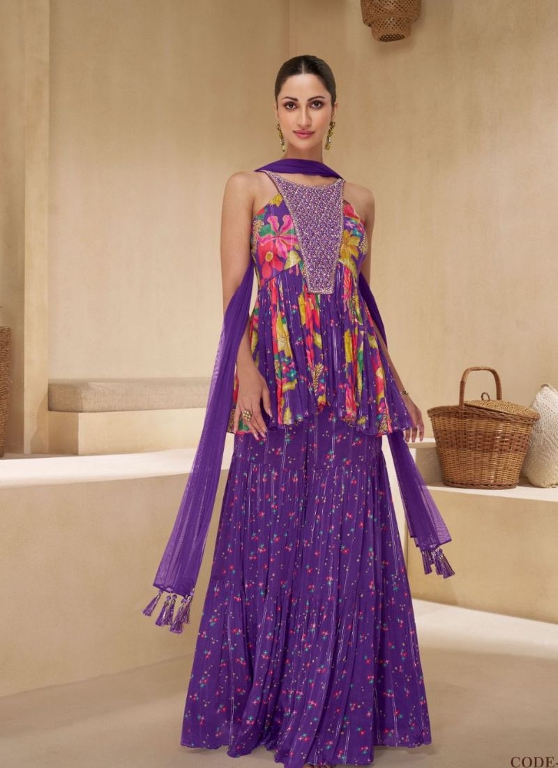 Trendy sharara set with floral printing in purple