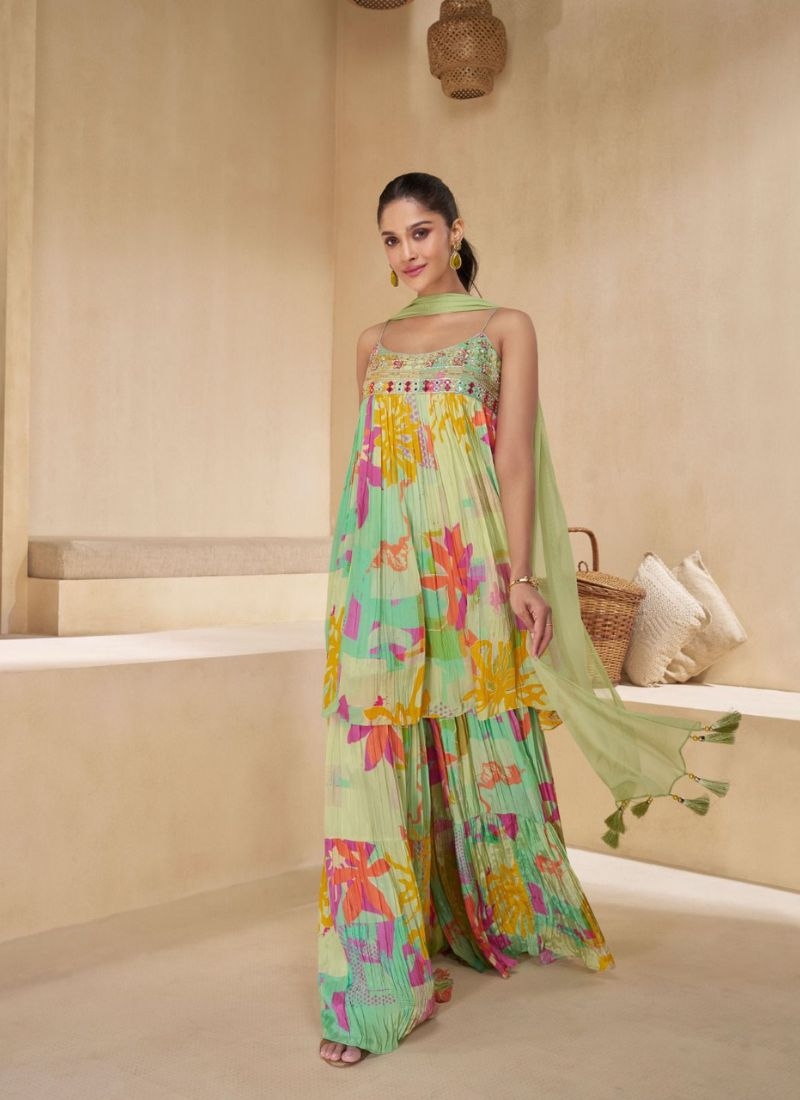 Trendy sharara set with floral printing in light green