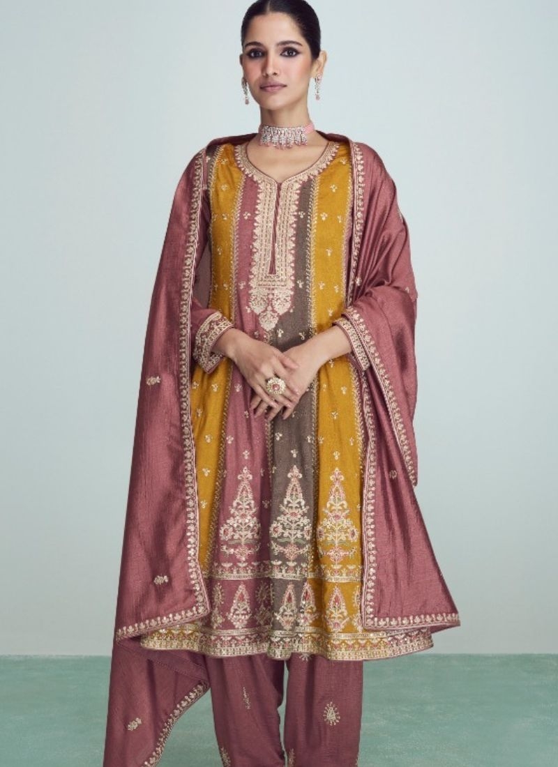 Exquisite salwar suit with embroidered dupatta in brown