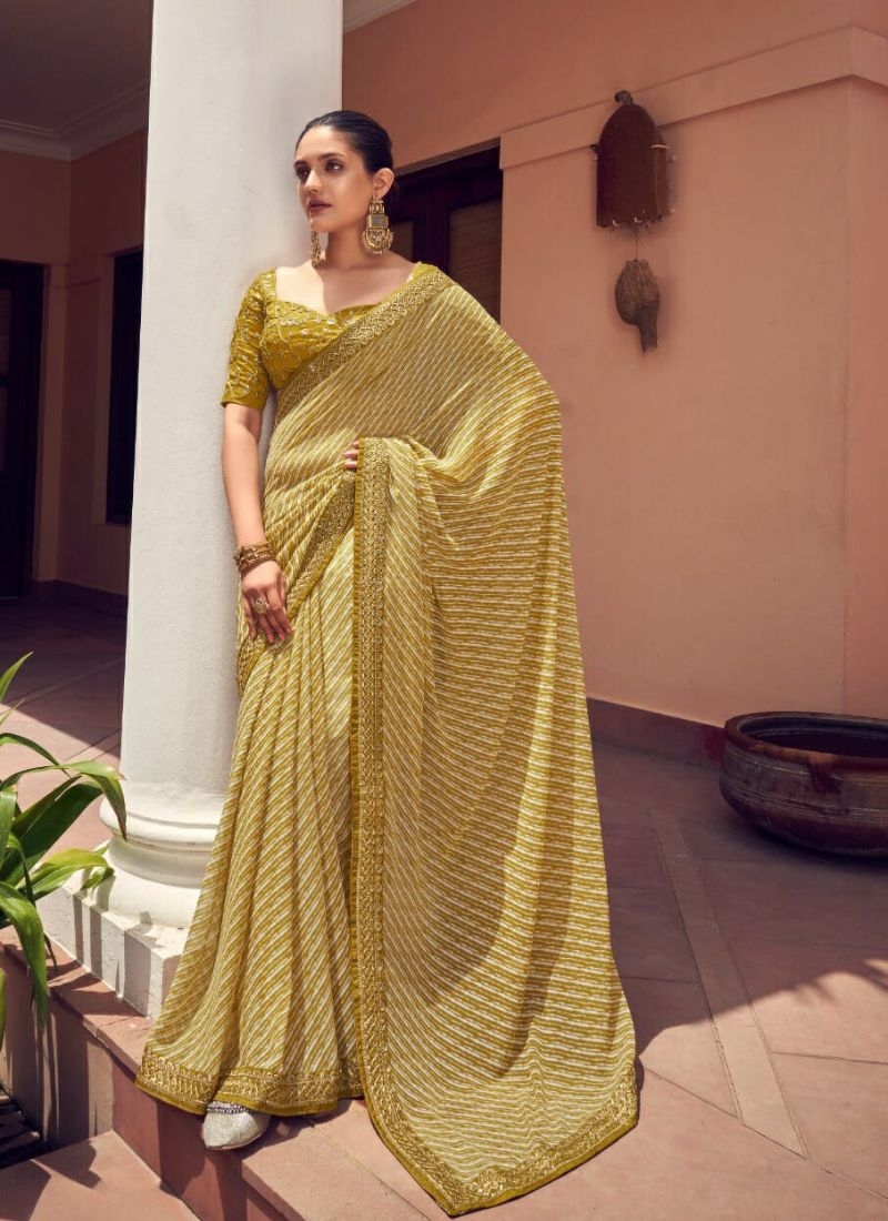 Beautiful georgette saree with bandhani print in Beige