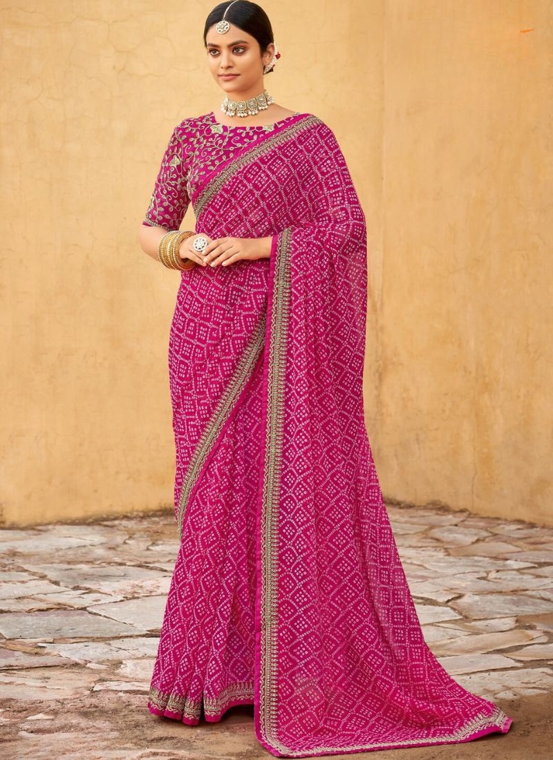 Beautiful georgette saree with bandhani print in pink