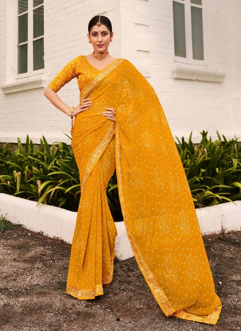 Beautiful georgette saree with bandhani print in yellow