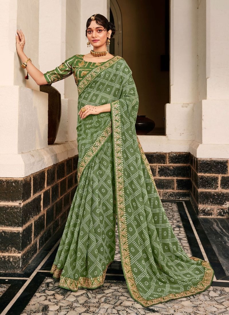 Beautiful georgette saree with bandhani print in green