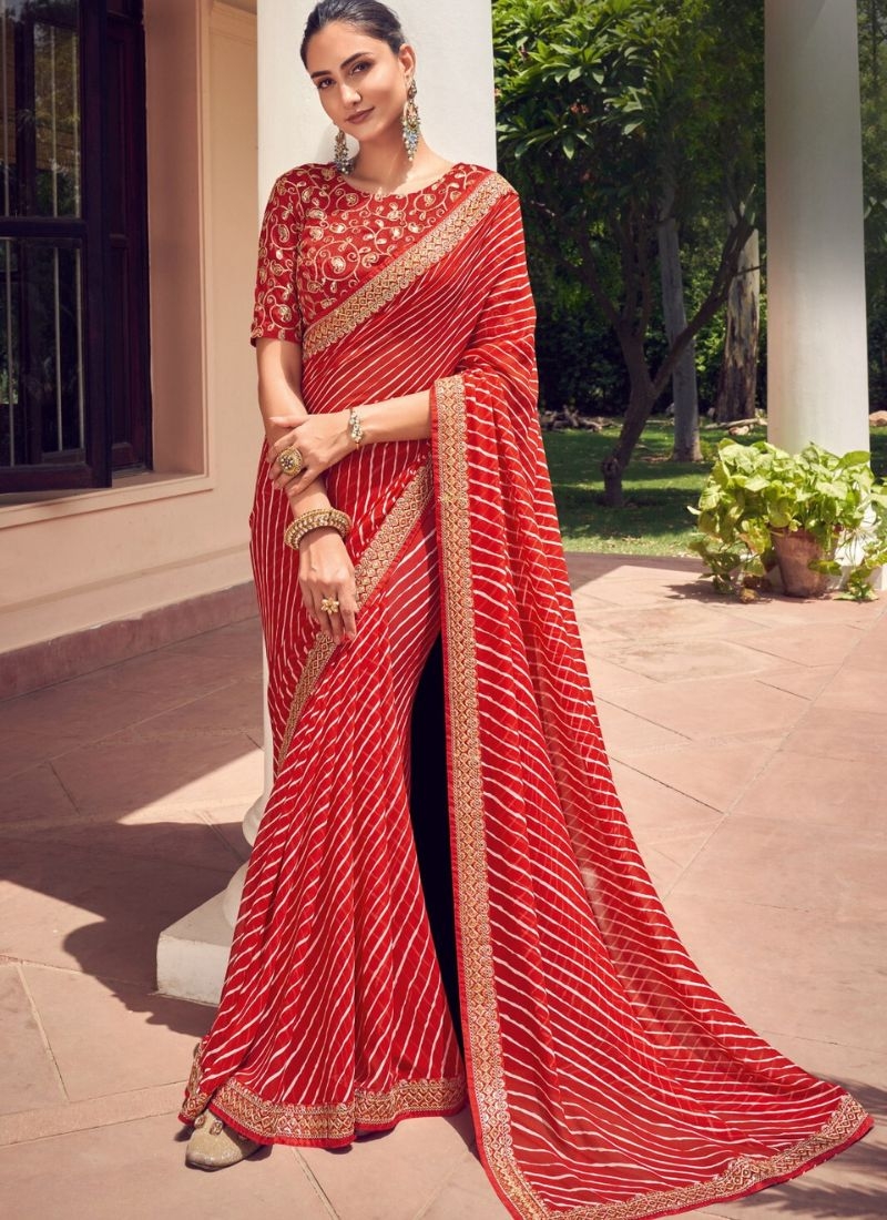 Beautiful georgette saree with bandhani print in red