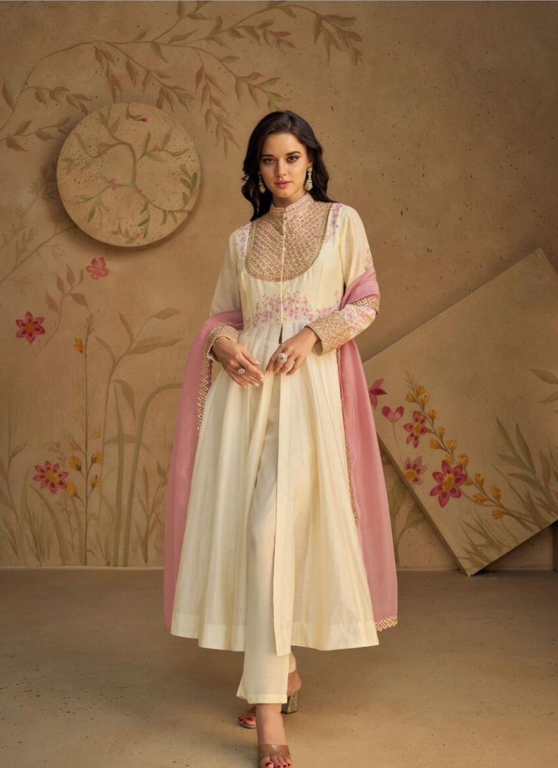 Beautiful silk pant suit with embroidered dupatta in cream